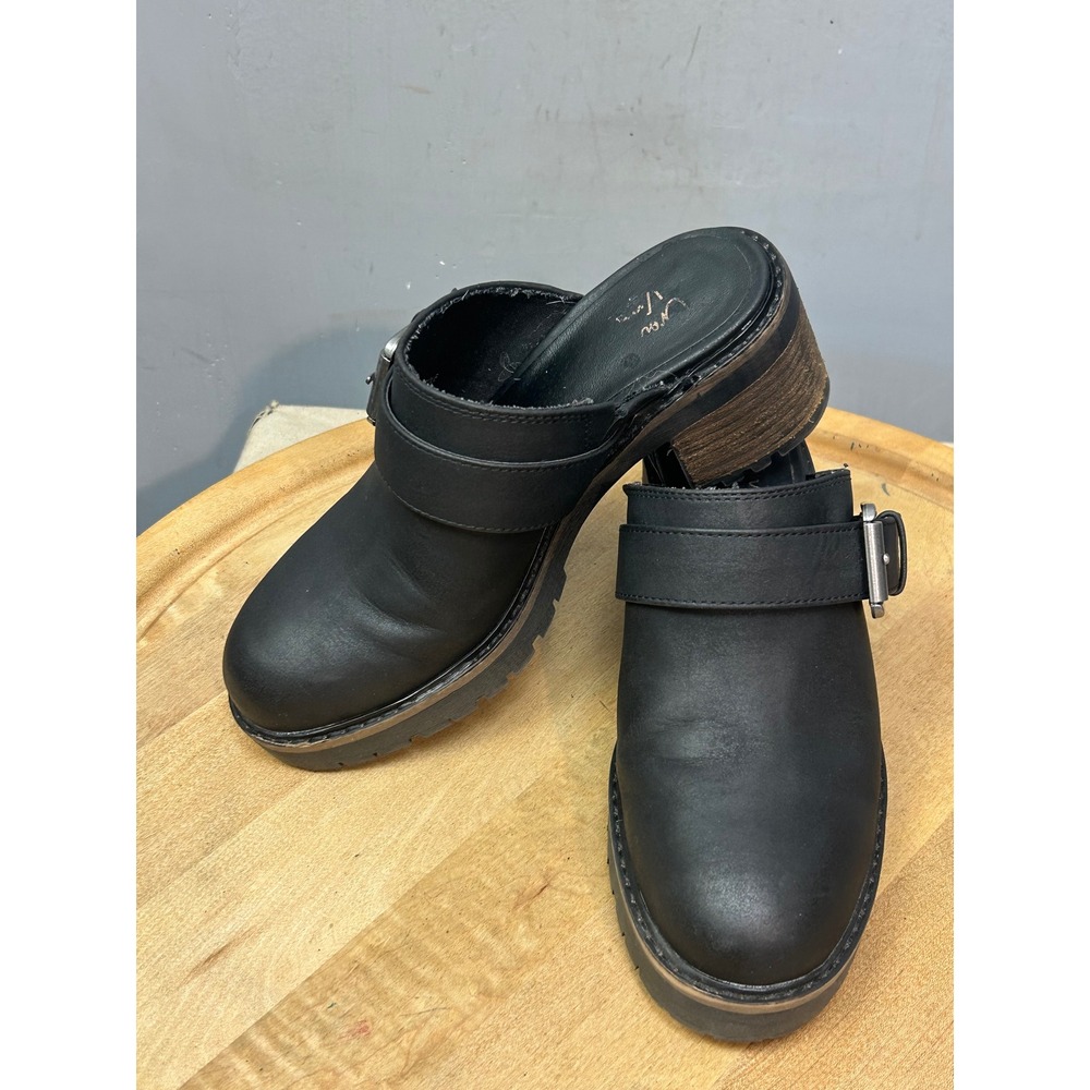 Crown Vintage Clogs Women 6M Black Janis Platform Buckle Chunky Block Heel Mules